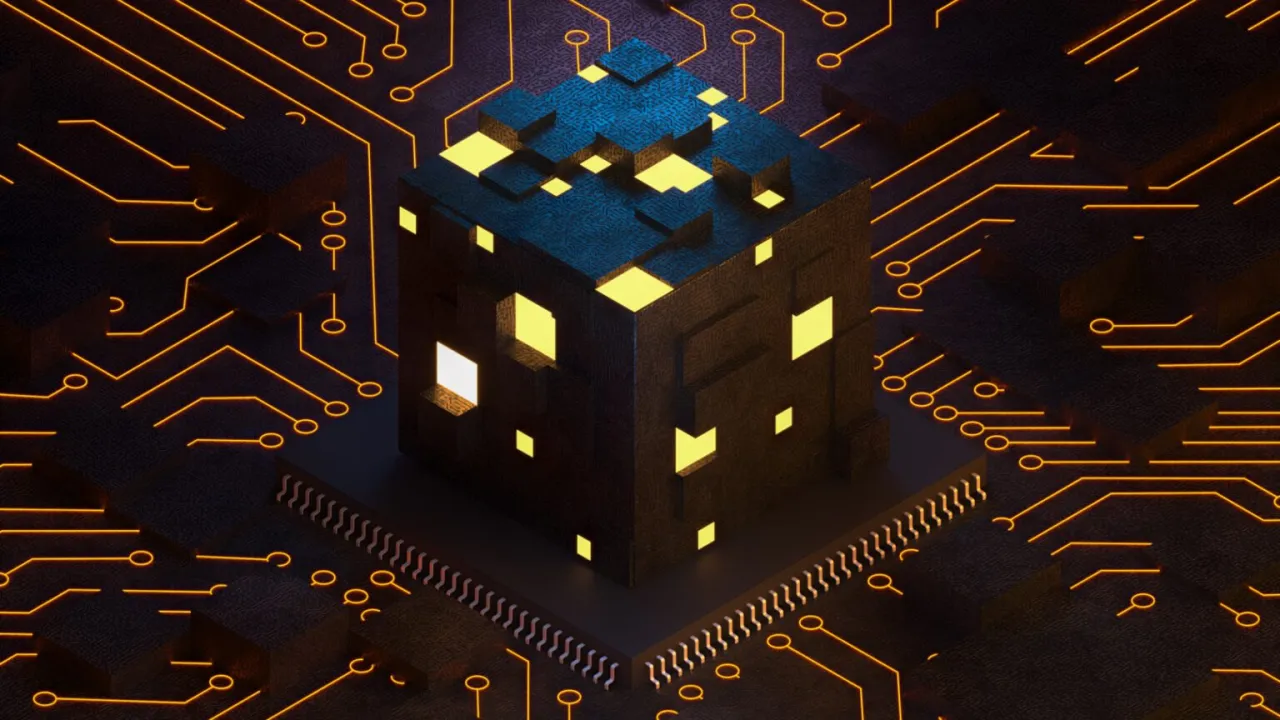 Sześcian z podświetlonymi oknami, osadzony na procesorze, otoczony pomarańczowymi ścieżkami obwodu. Symbolizuje bezpieczeństwo danych, jak AES 256.