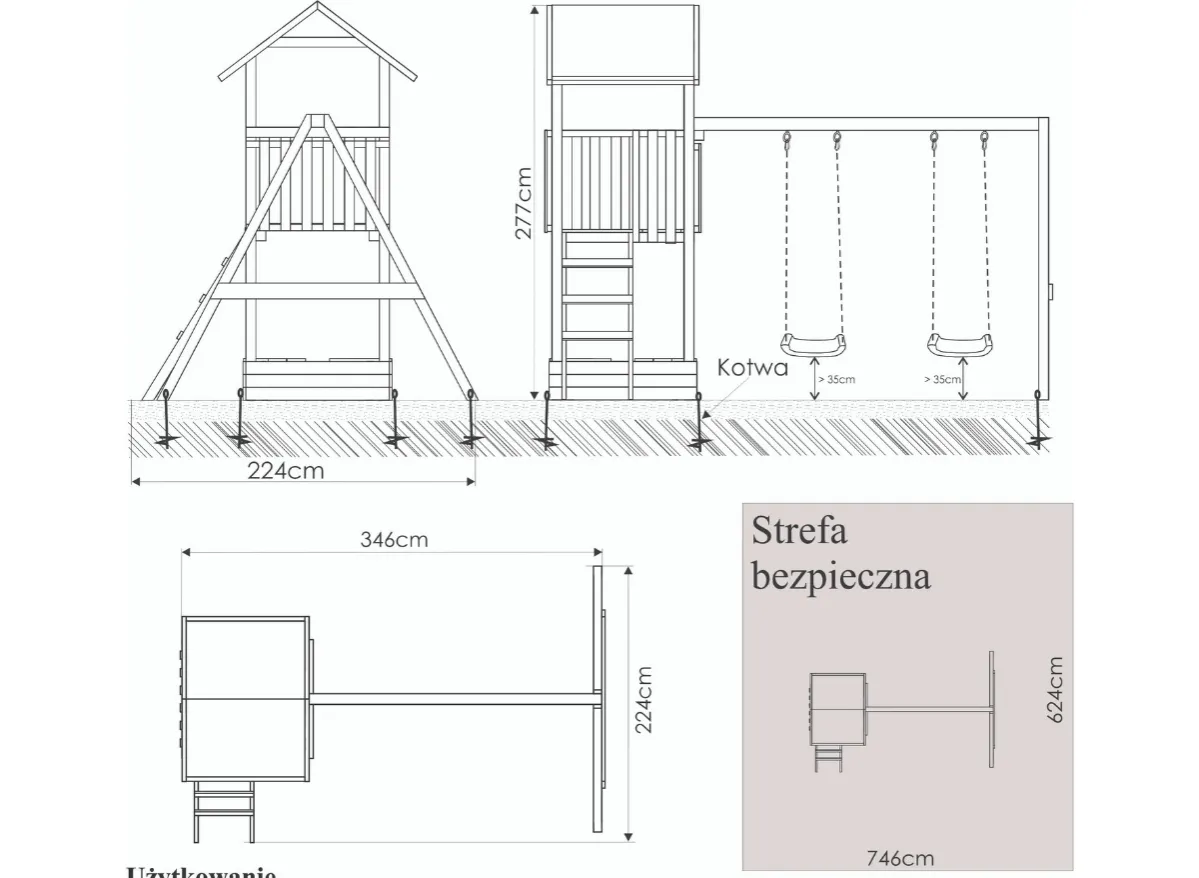 strefa bezpieczeństwa huśtawki ogrodowej schemat