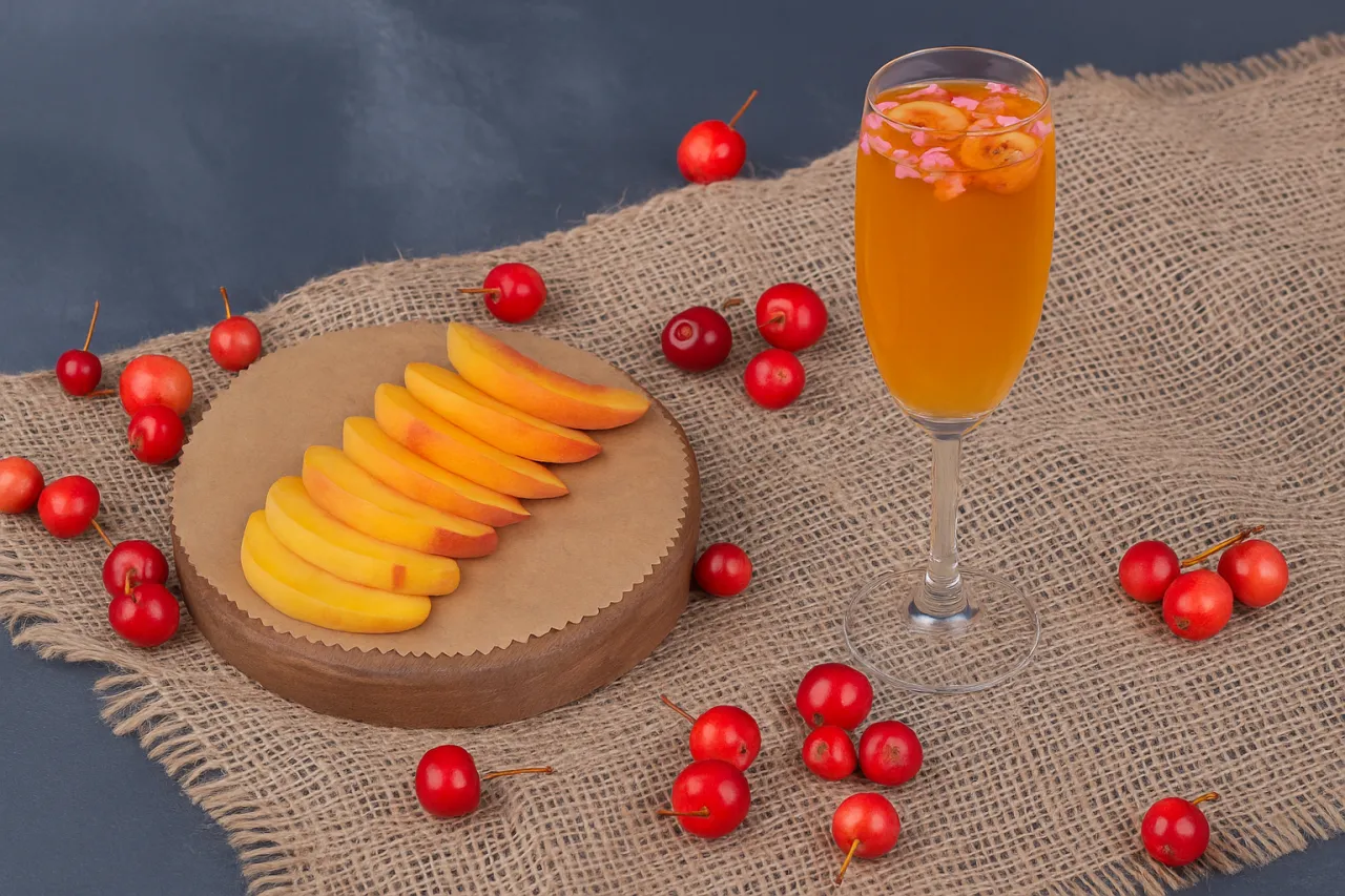 Orzeźwiający drink z Prosecco lub Cava, udekorowany owocami i plasterkami brzoskwini.