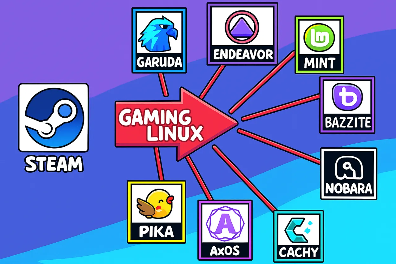 Schemat przedstawia dystrybucje Linuxa dla graczy: Steam, Garuda, Endeavor, Mint, Bazzite, Nobara, Pika, AxOS, Cachy.