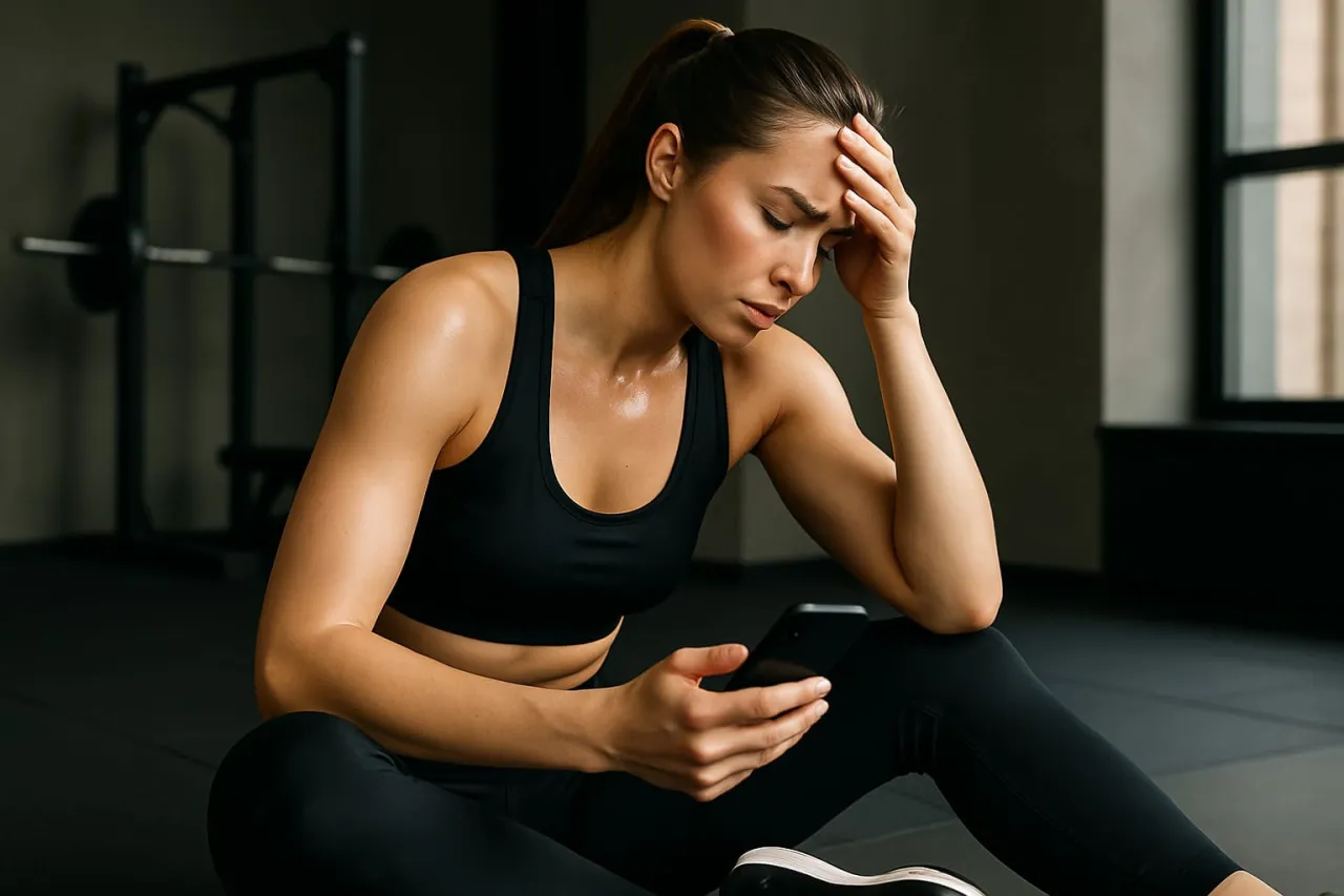 Zmęczona osoba po treningu, siedząca i odpoczywająca