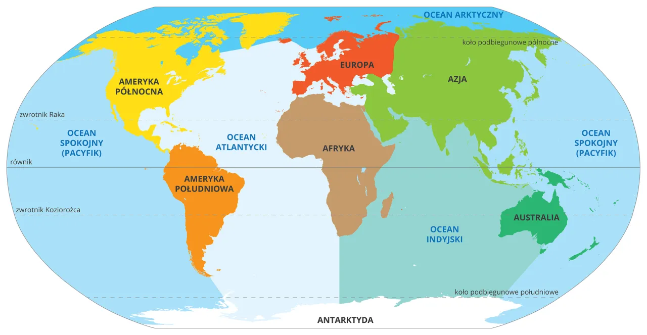 Mapa świata z kontynentami i oceanami. Widać, że są cztery główne oceany: Spokojny, Atlantycki, Indyjski i Arktyczny.