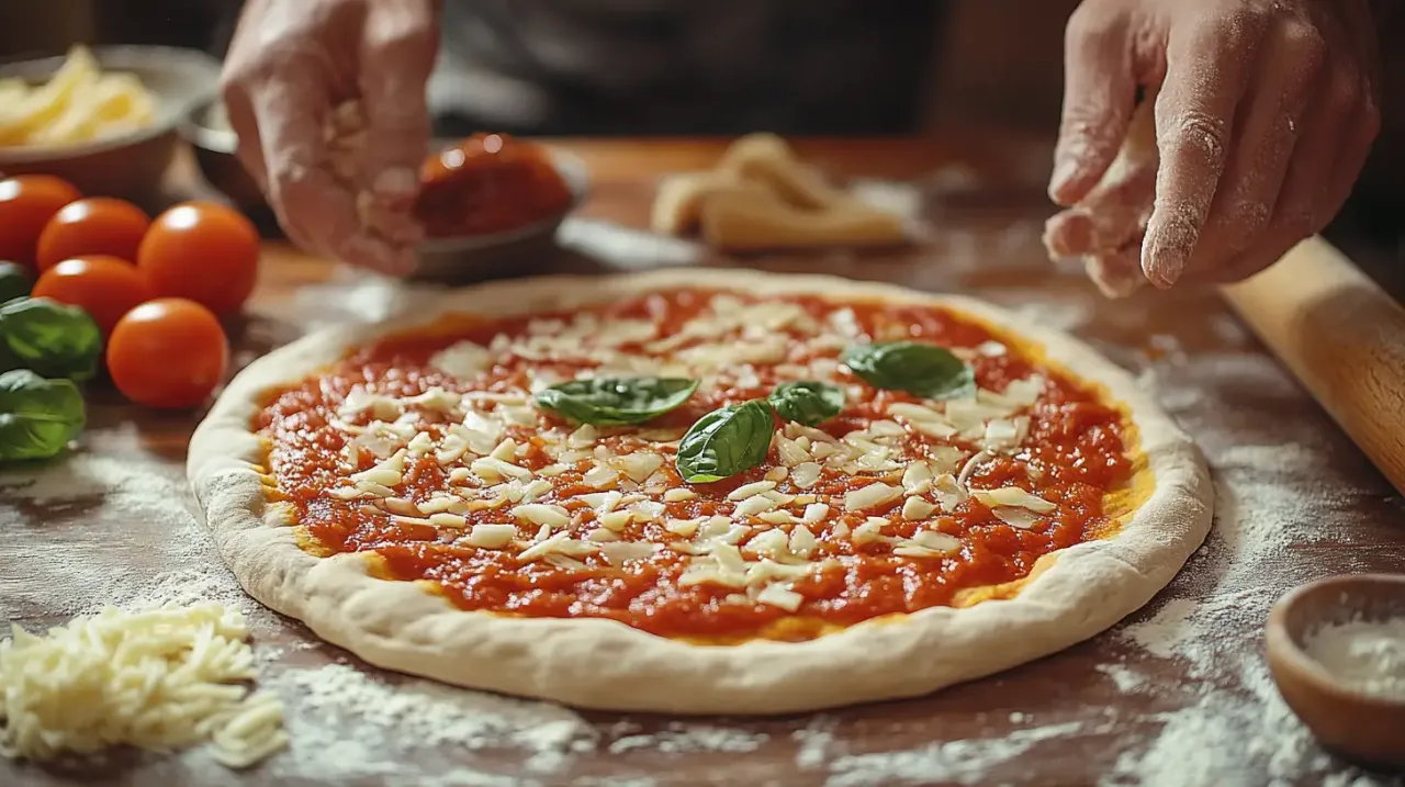 Ręce posypują ser na ciasto drożdżowe do pizzy. W tle pomidory, bazylia i ser.