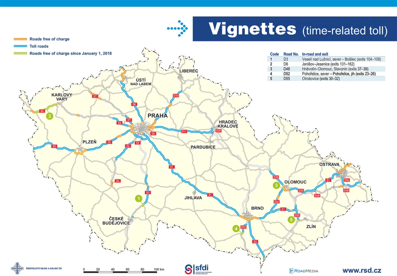 Mapa Czech z zaznaczonymi drogami płatnymi i bezpłatnymi. Unikaj mandatu za brak winiety Czechy, sprawdzając oznaczenia.