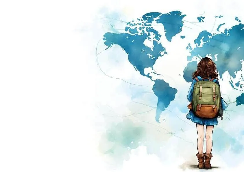 osoba z plecakiem patrząca na mapę świata w terminalu lotniska