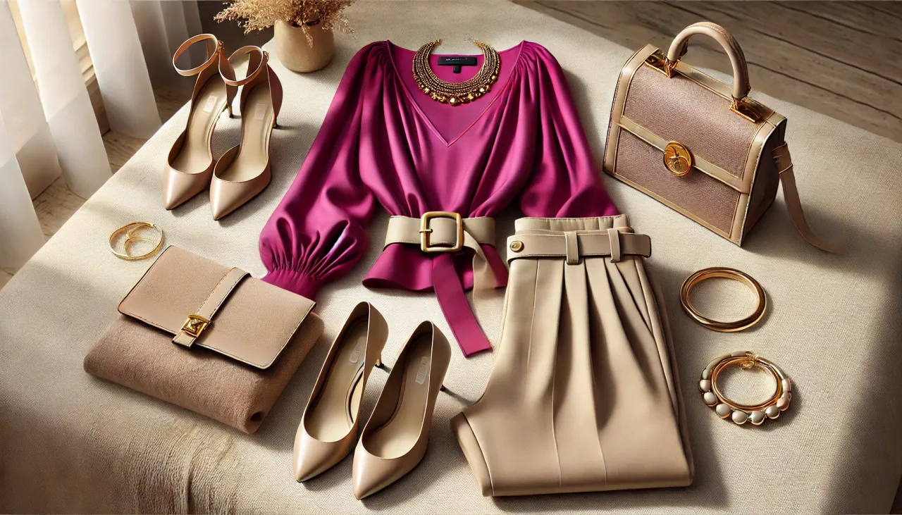 Elegancki zestaw: bluzka w intensywnym kolorze fuksja, beżowe spodnie, buty i torebka. Złota biżuteria dodaje blasku.