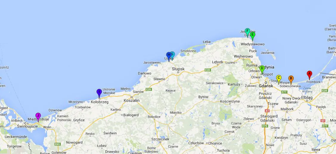 Mapa Polski z zaznaczonymi miejscowościami nadmorskimi