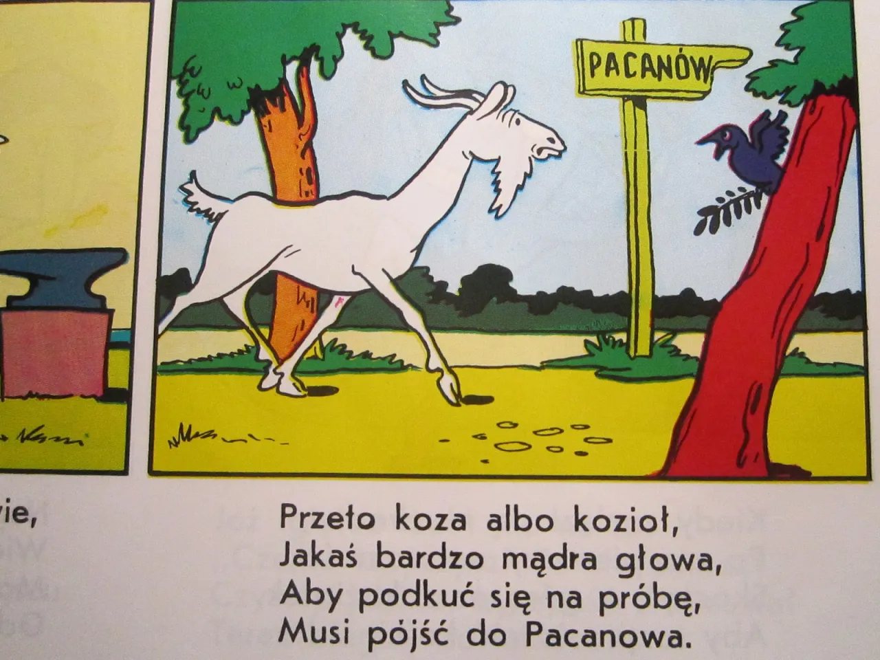 Koziołek Matolek wiersz: biały koziołek biegnie do Pacanowa, gdzie czeka go pr&oacute;ba.
