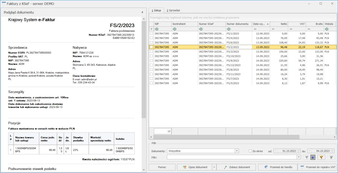 Widok faktury w systemie KSeF. Można tu sprawdzić fakturę, jej szczeg&oacute;ły, pozycje i podsumowanie.