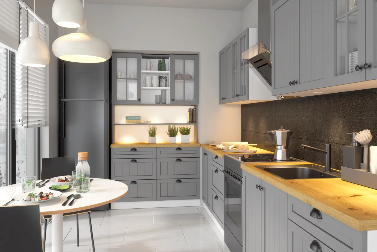 Płytki drewnopodobne szara kuchnia