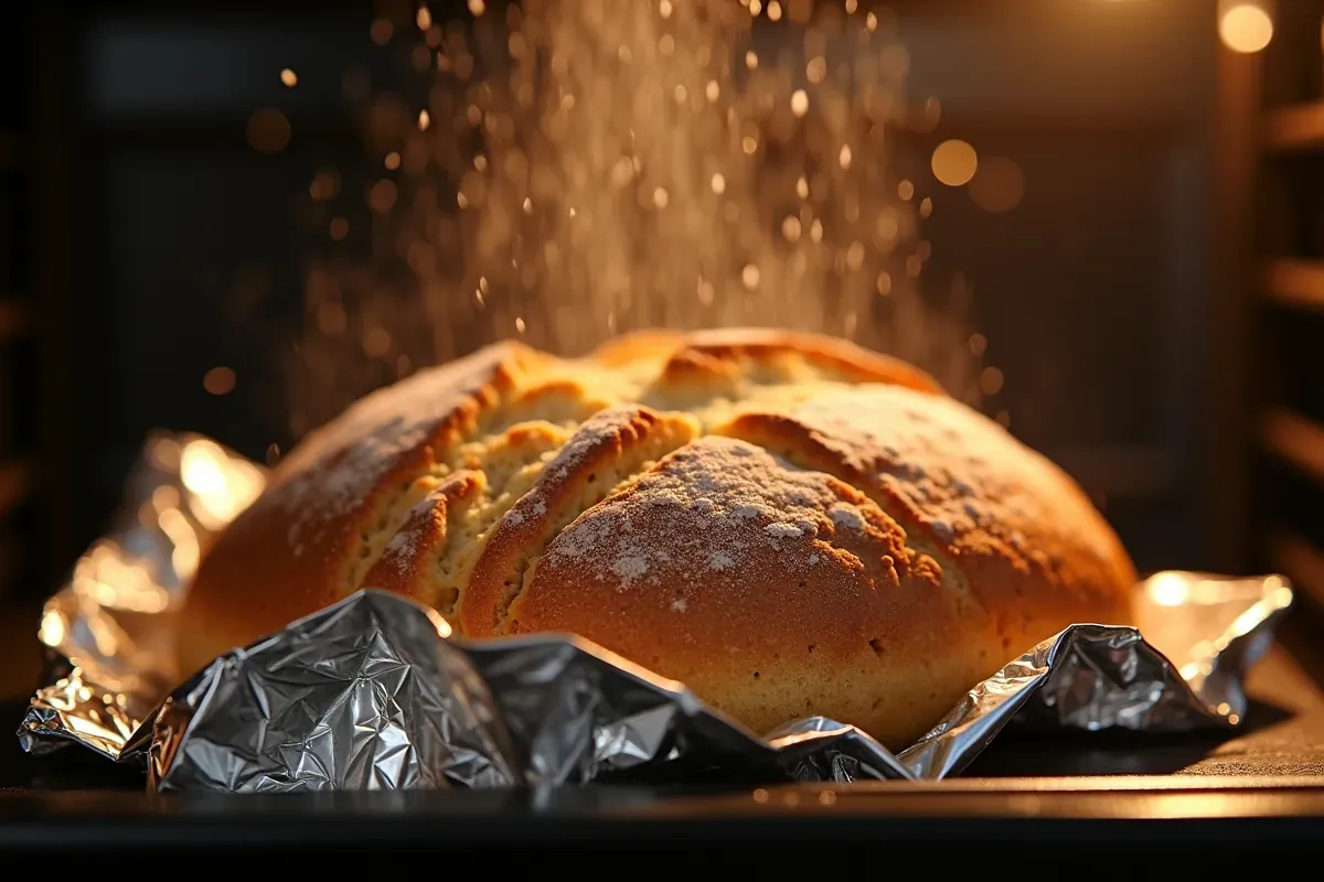 Złocisty bochenek chleba w folii aluminiowej, posypany mąką, w trakcie pieczenia. Idealny sposób, jak podgrzać chleb w piekarniku, by był chrupiący.