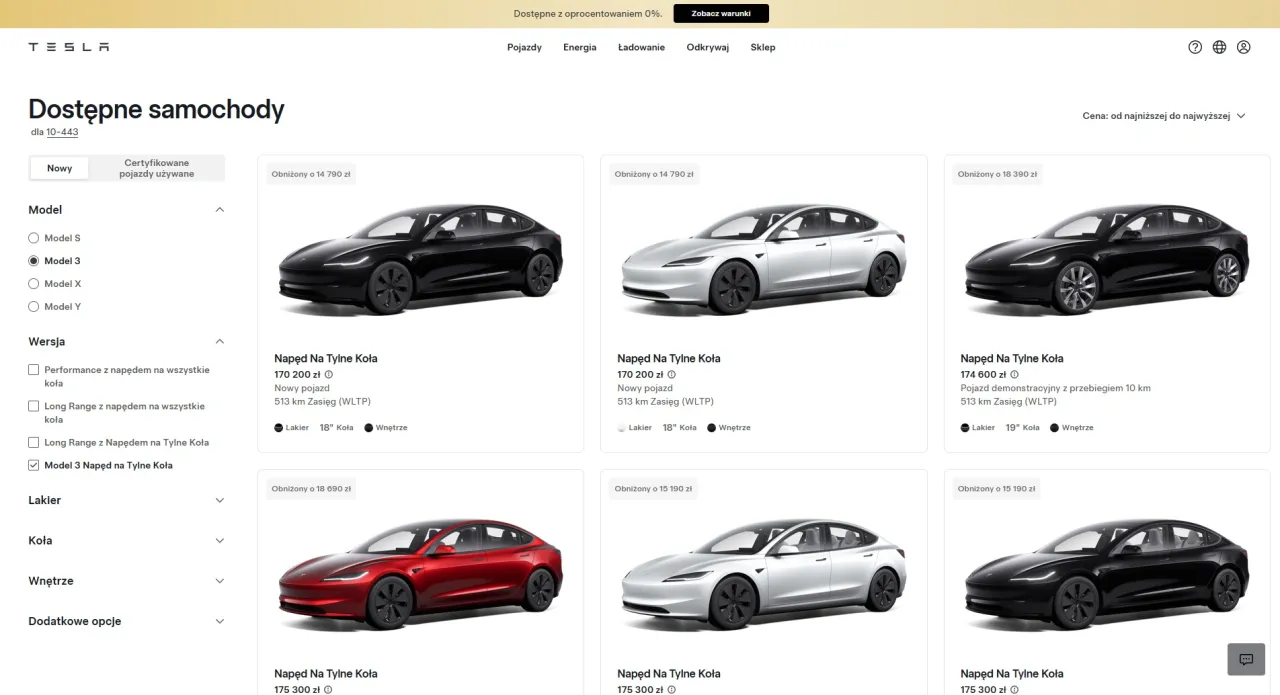 Tesla Model 3 z napędem na tylne koła, nowy pojazd, kosztuje 170 200 zł. Sprawdź, ile kosztuje samoch&oacute;d Tesla.