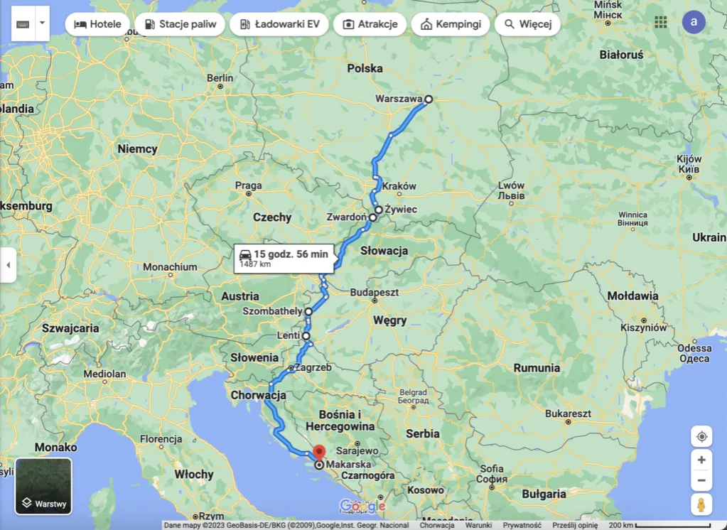 Mapa trasy Polska Makarska Czechy Austria Słowenia