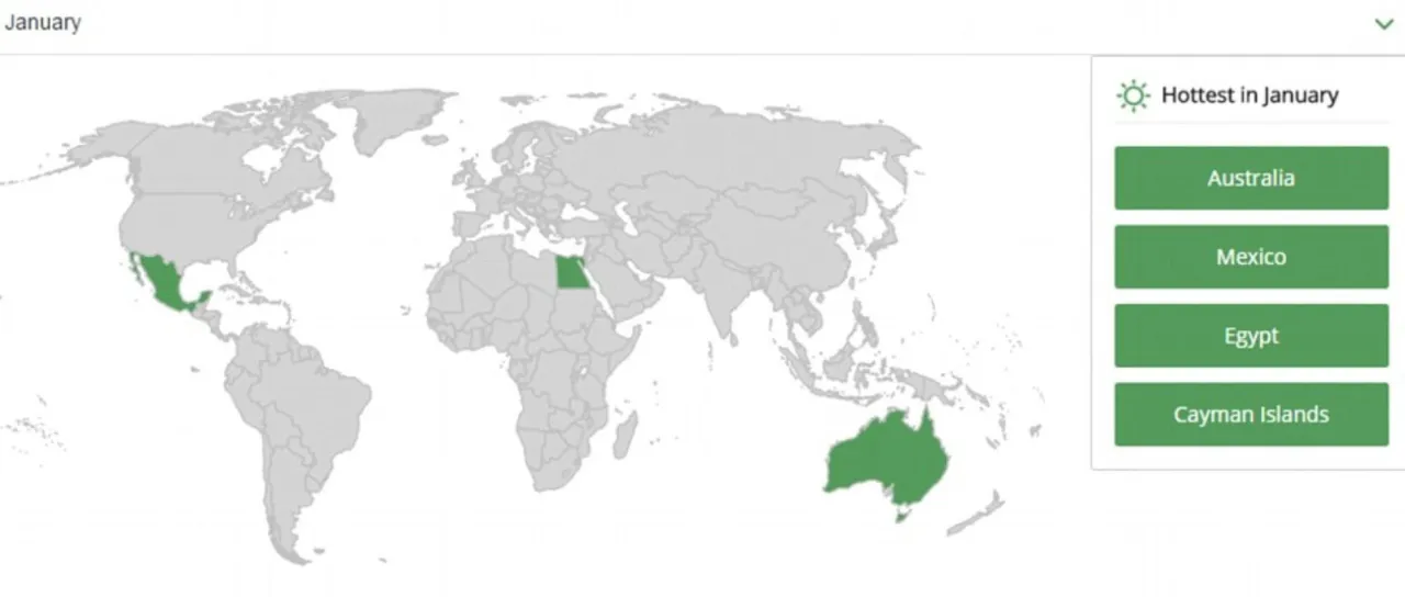 Mapa świata z zaznaczonymi ciepłymi kierunkami w lutym