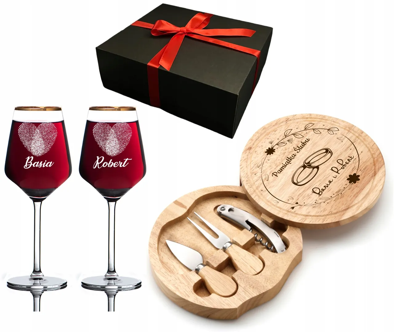 personalizowana deska do krojenia z grawerem i kieliszki do wina
