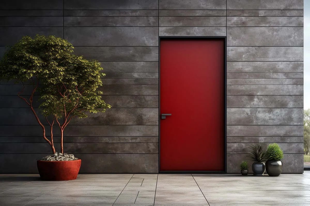 Nowoczesna ściana z betonowych płyt, a pośrodku wyraziste, czerwone drzwi wejściowe. Obok drzewko w donicy i kilka mniejszych roślin.