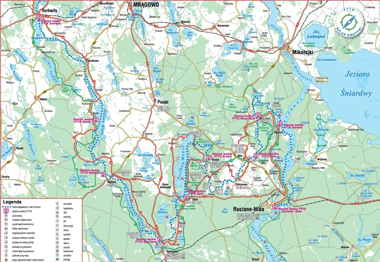 mapa szlaku kajakowego Krutyni