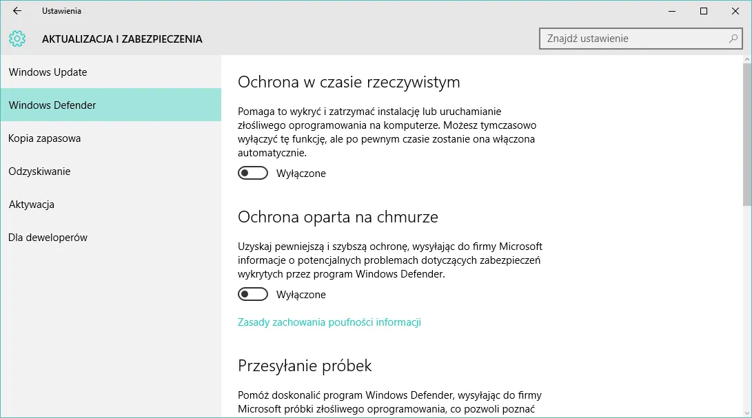 Microsoft Defender wyłączanie ochrony w czasie rzeczywistym Windows 10