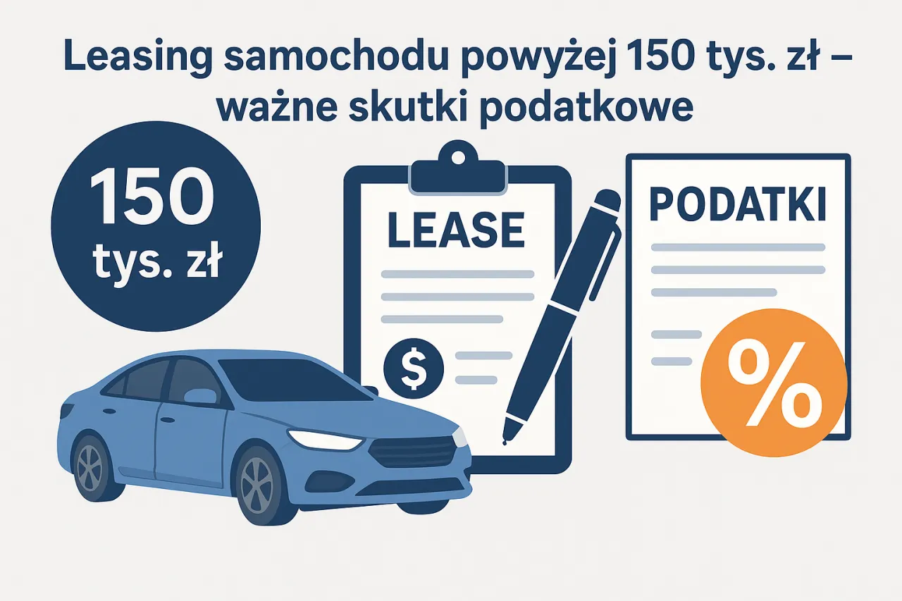 Leasing samochodu powyżej 150 tys. zł &ndash; ważne skutki podatkowe. Grafika przedstawia niebieski samoch&oacute;d, dokumenty z napisem 
