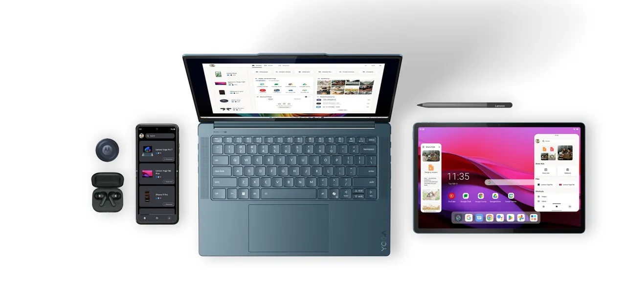 Zestaw urządzeń Lenovo: laptop, tablet, smartfon i słuchawki. Na ekranie telefonu widać listę urządzeń, co może pom&oacute;c w sprawdzeniu, jakie aplikacje były uruchamiane.