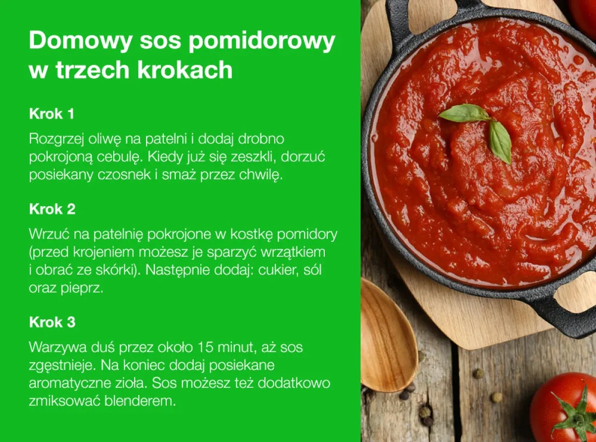Jak zrobić sos do spaghetti z pomidor&oacute;w w trzech krokach: podsmaż cebulę i czosnek, dodaj pomidory i przyprawy, gotuj do zgęstnienia.