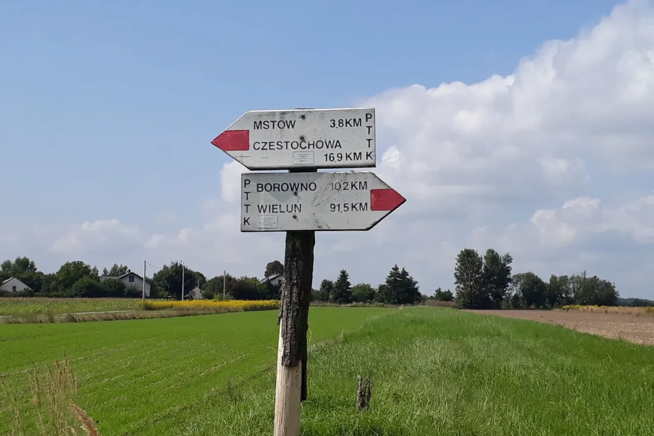 Rozdroże szlak&oacute;w PTTK. Jeden kierunek to Częstochowa (3,8 km), drugi to Borowno (10,2 km) i Wieluń (91,5 km).