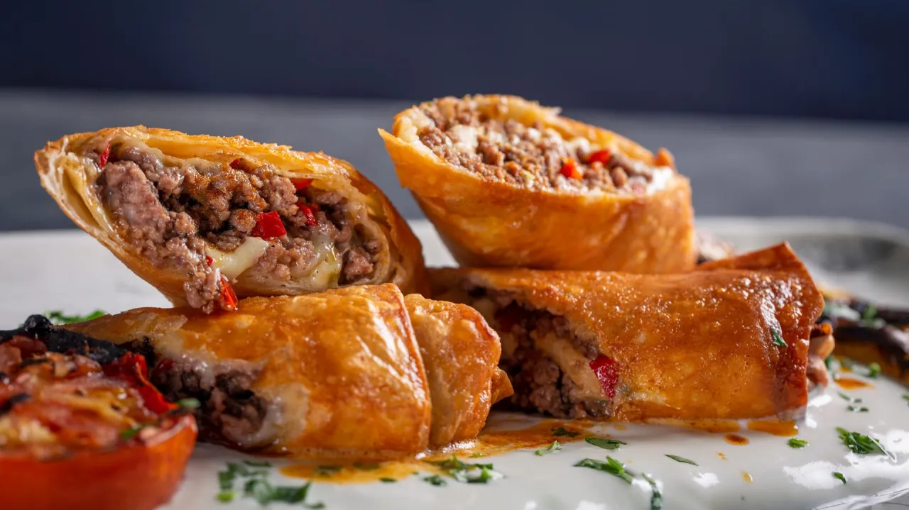 Herzhafter Bl&auml;tterteigstrudel mit Hackfleisch angeschnitten