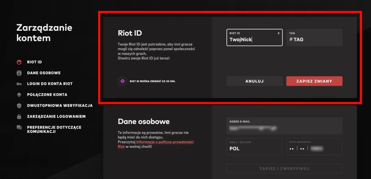 Strona zmiany Riot ID