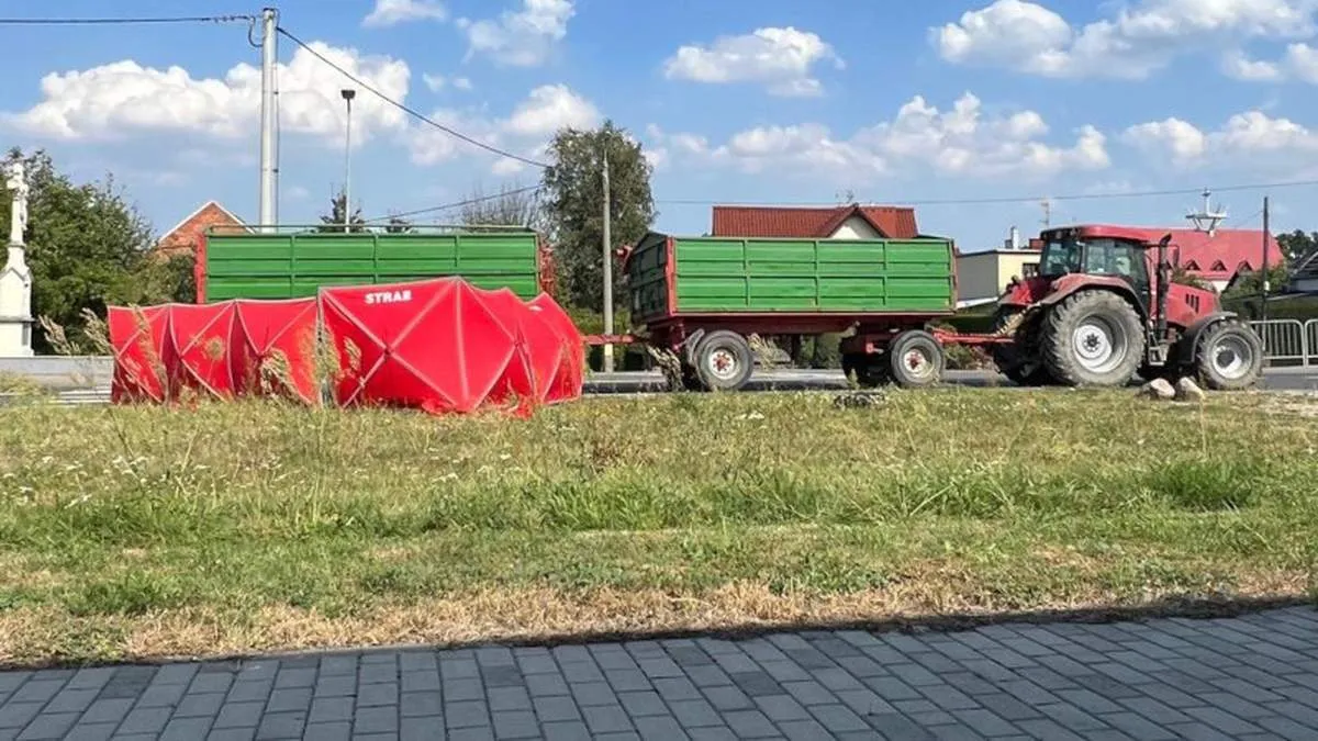 ciągnik rolniczy z dwoma przyczepami na drodze