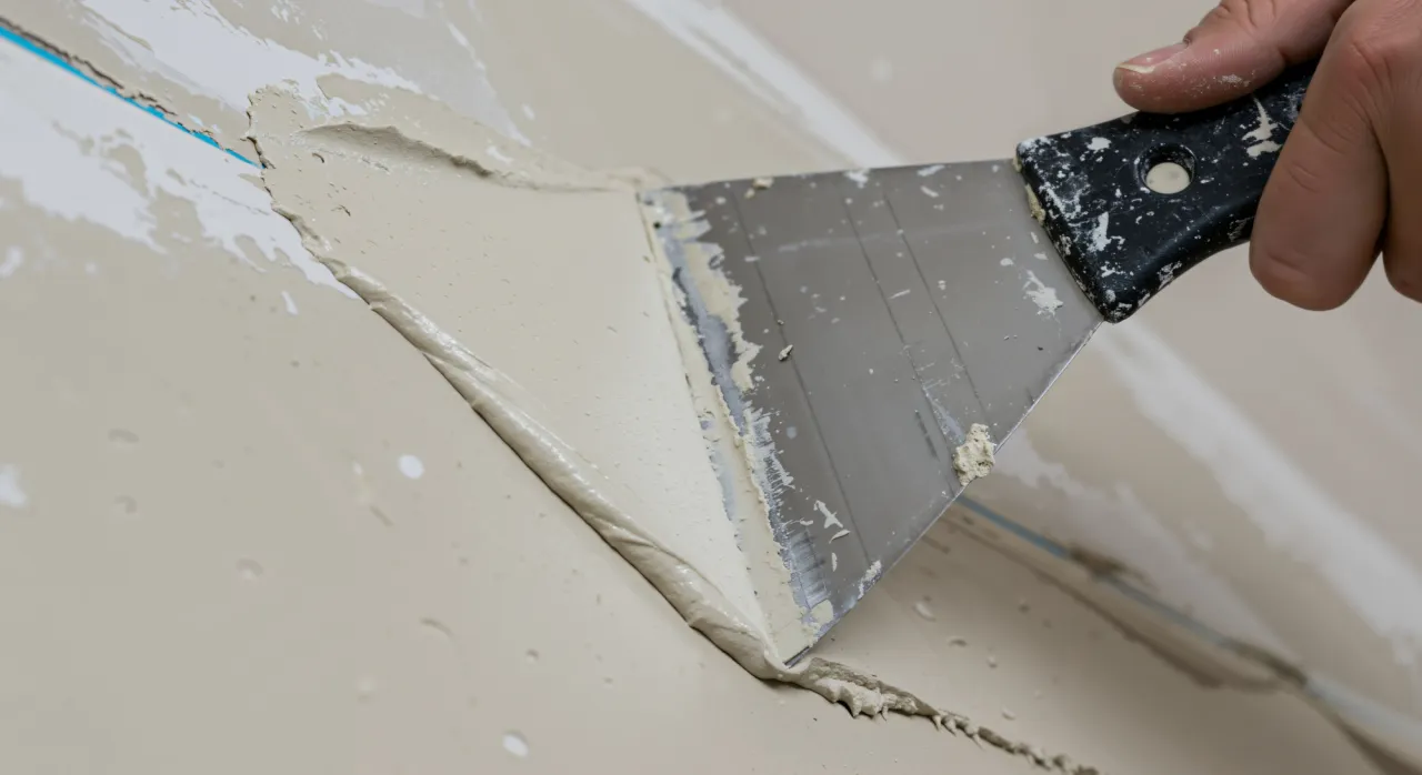 Dłoń z kielnią rozprowadza gładź. Czas schnięcia gipsu zależy od warunków, ale ten wygląda na gotowy do dalszych prac.