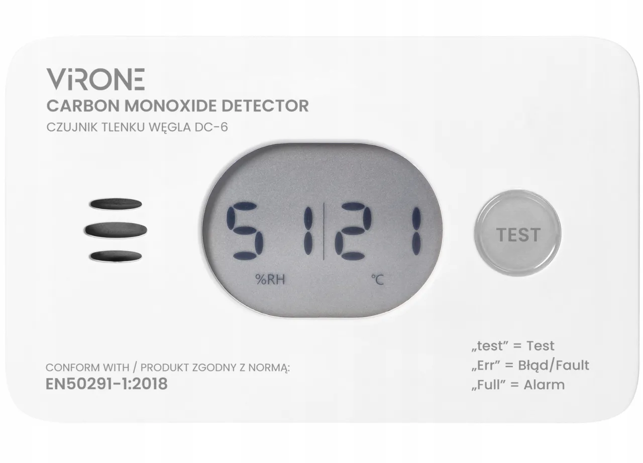 Czujnik czadu piszczy? Sprawdź wyświetlacz i przycisk TEST. Urządzenie VIRONI DC-6 pokazuje błąd lub alarm.