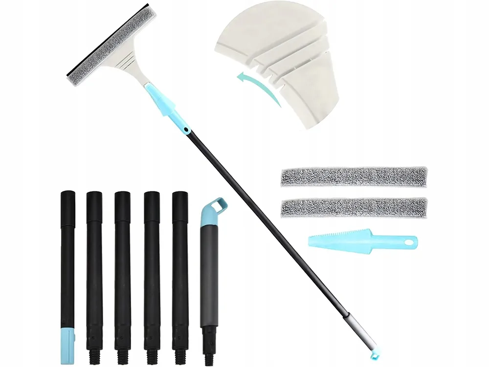 sprzęt do mycia okien na parapecie: ściągaczka, mikrofibra, wiaderko