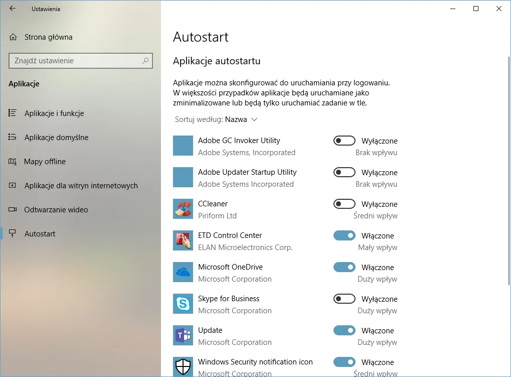 Ustawienia Windows 10 autostart aplikacje