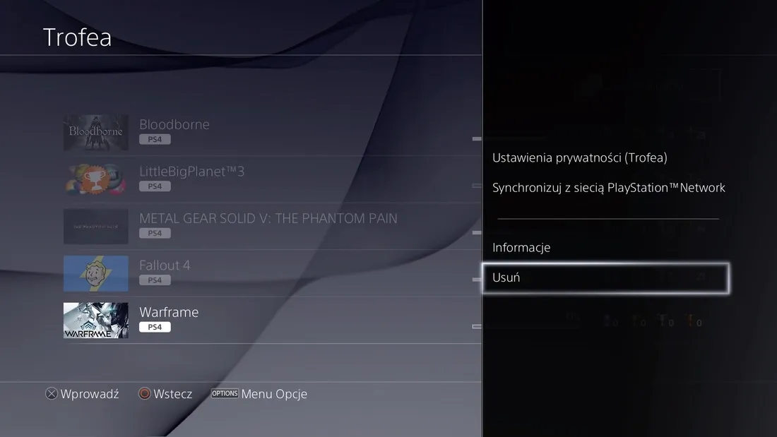 PS4 menu główne usuwanie gry
