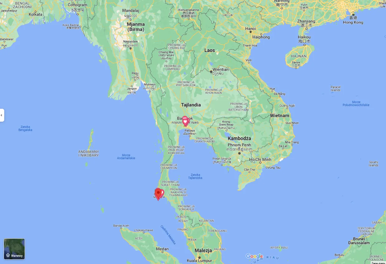 mapa Tajlandii z zaznaczonymi miastami Bangkok Chiang Mai Phuket Pattaya