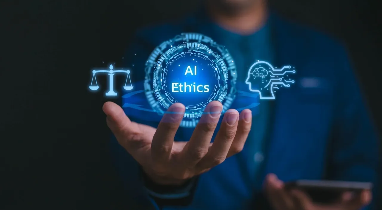Dłoń trzyma symbol AI Ethics, wagi i ludzkiej głowy, pokazując, jak sztuczna inteligencja może rozwiązać dylematy etyczne.