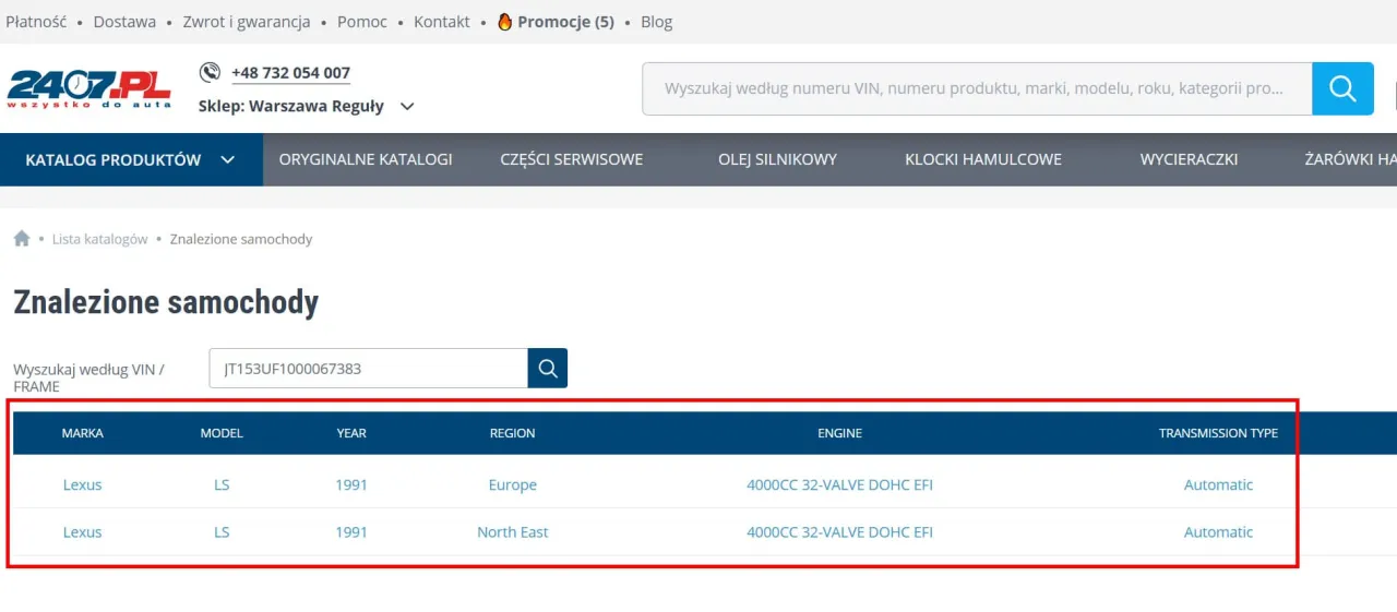 Numer OEM na części samochodowej przykład