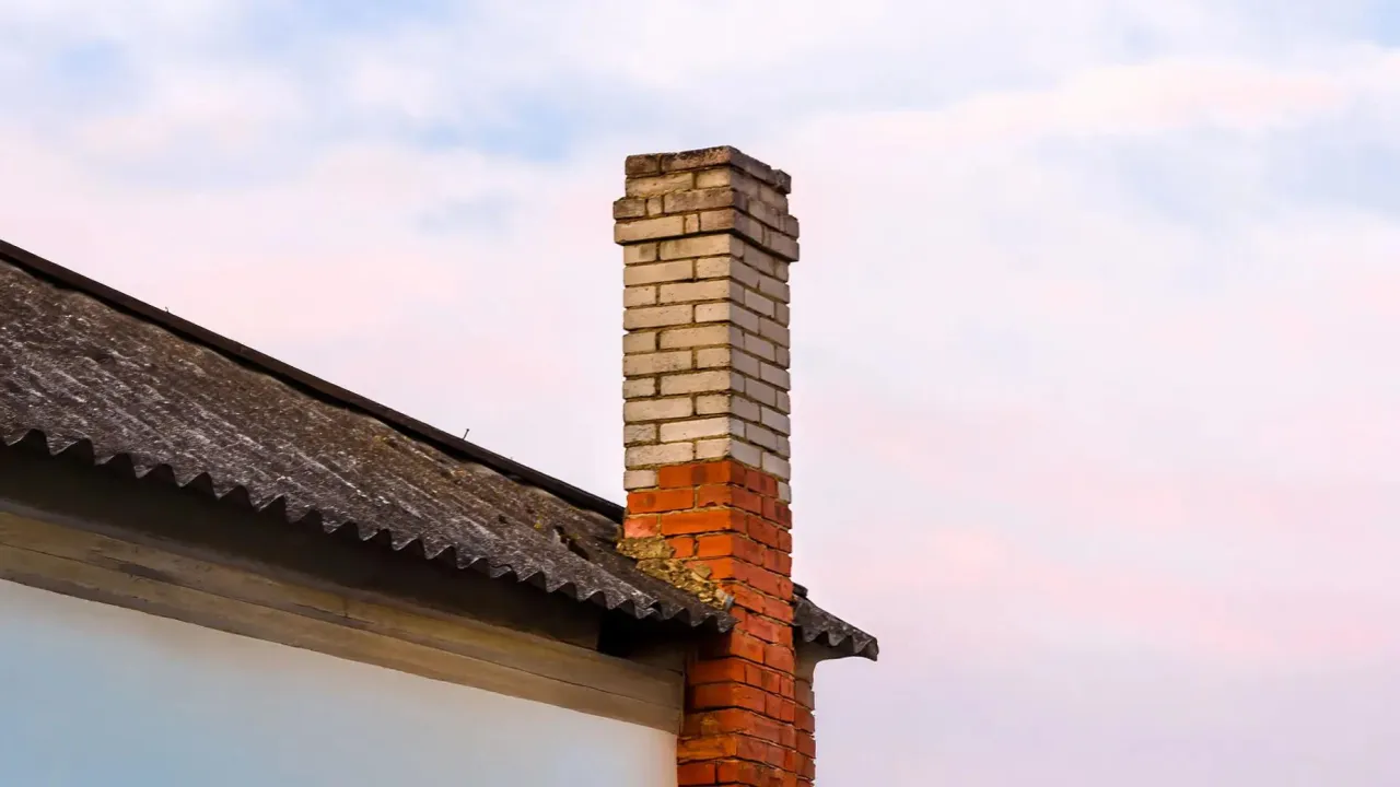 Mokry komin z cegły, częściowo pokryty jasnymi cegłami, stoi obok starego dachu. Zastanawiasz się, dlaczego komin jest mokry?