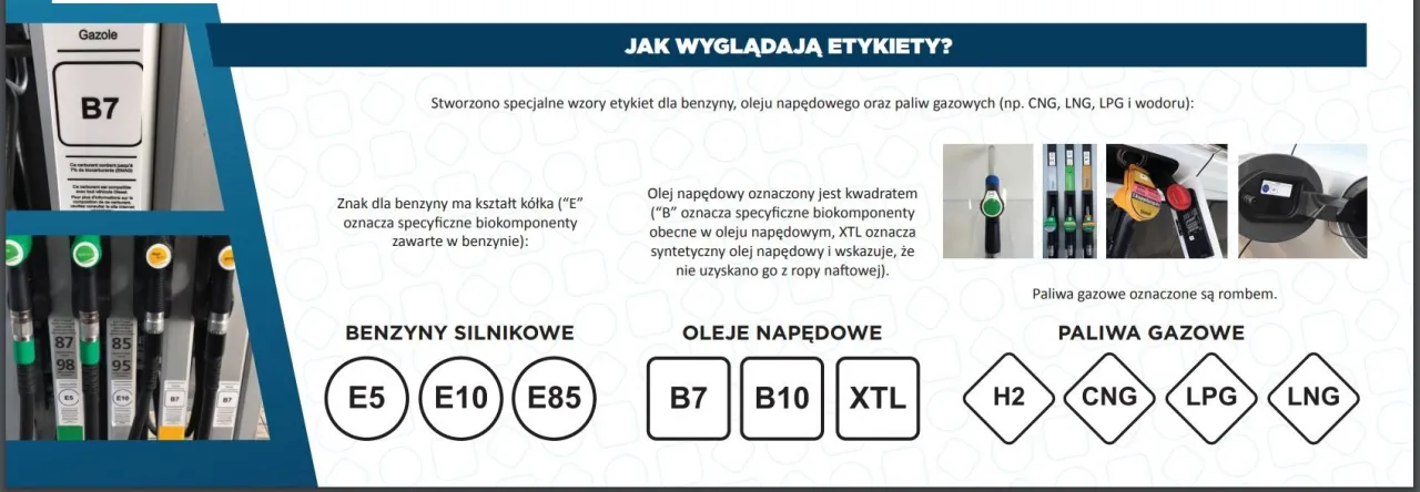 Oznaczenia paliw na dystrybutorze i klapce wlewu paliwa