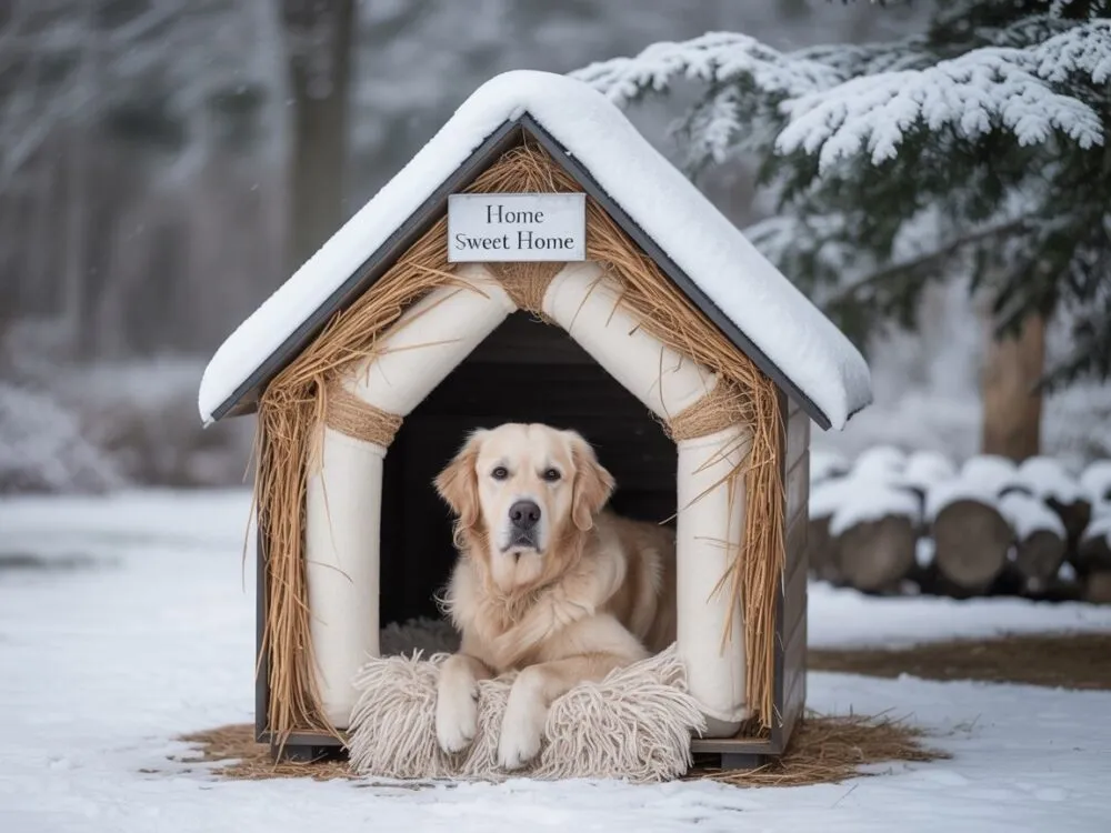 Pies w ocieplonej budzie zimą