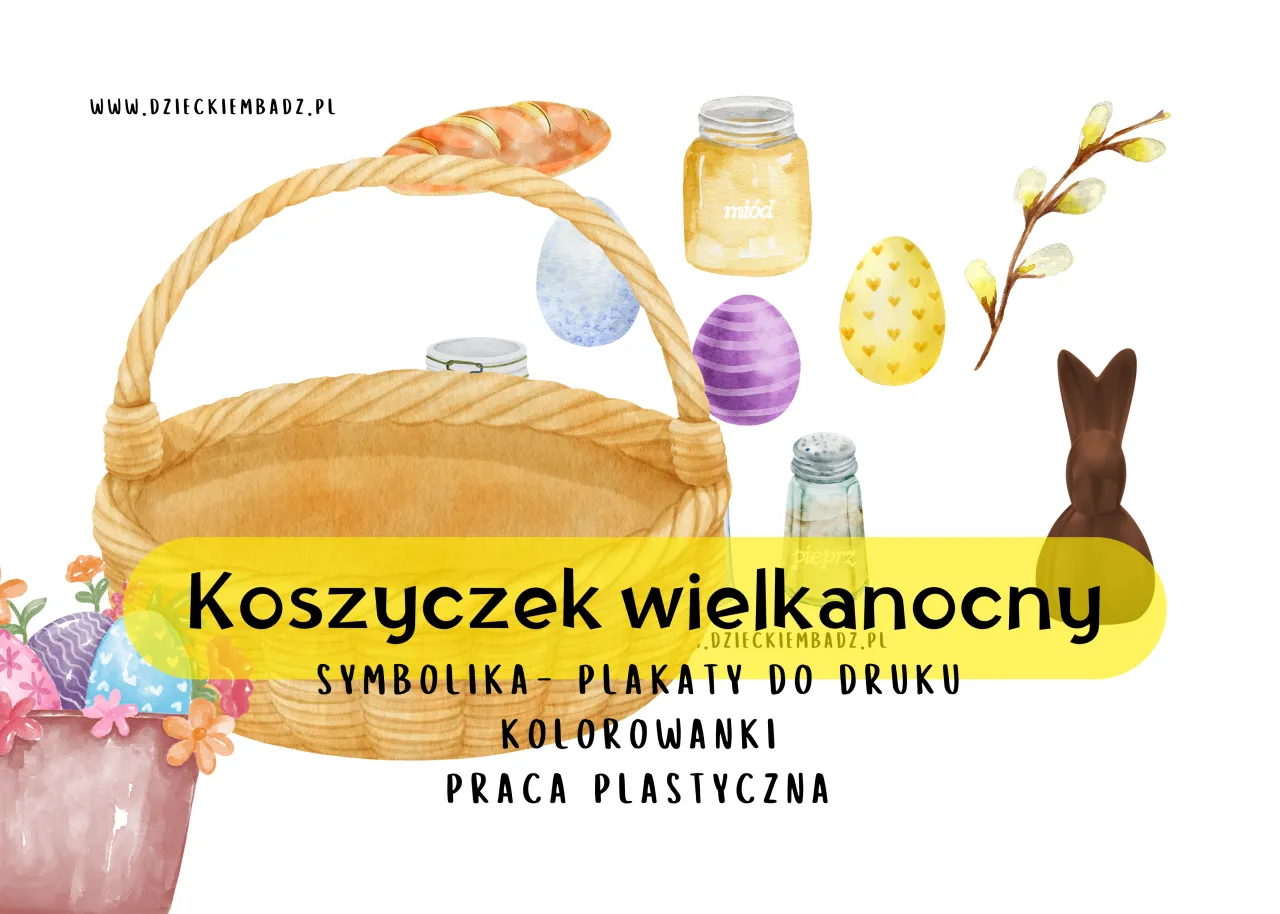 Wielkanocny koszyczek z jajkami, miodem i zajączkiem. Jak zrobić koszyczek wielkanocny? Symbolika, kolorowanki, praca plastyczna.