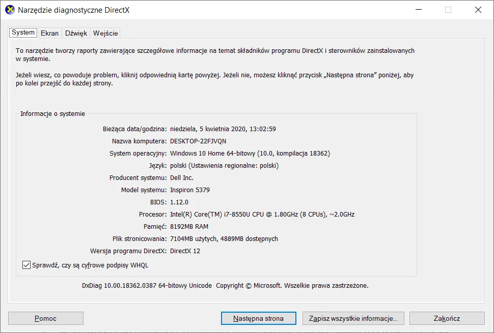 dxdiag okno narzędzia