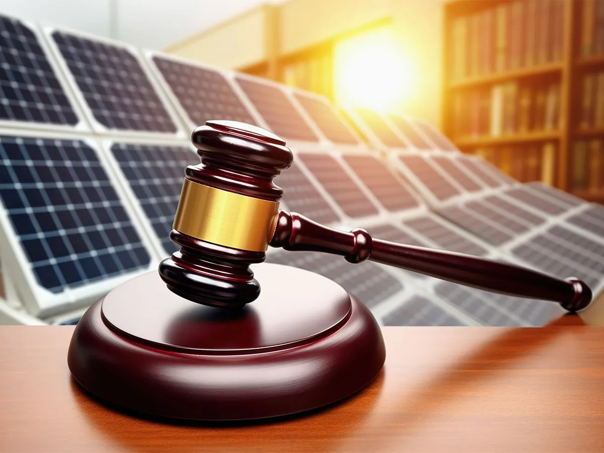 Młotek sędziowski na tle paneli słonecznych. Od kiedy 150 kw bez pozwolenia na budowę?