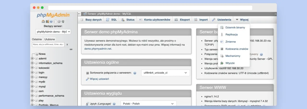 phpMyAdmin interfejs bazy danych