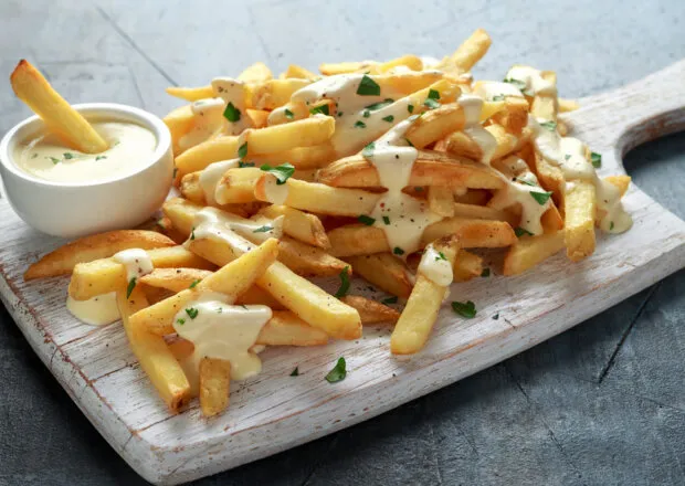 Różne rodzaje frytek i sosów