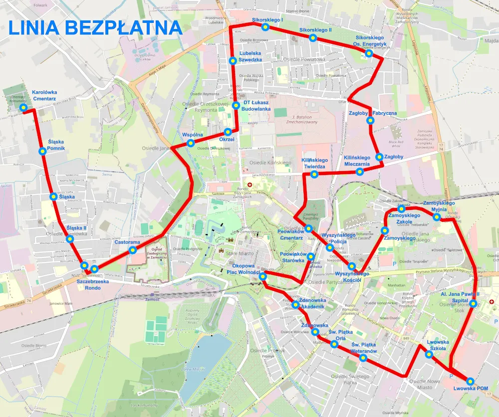 Mapa linii autobusowych MZK Zamość