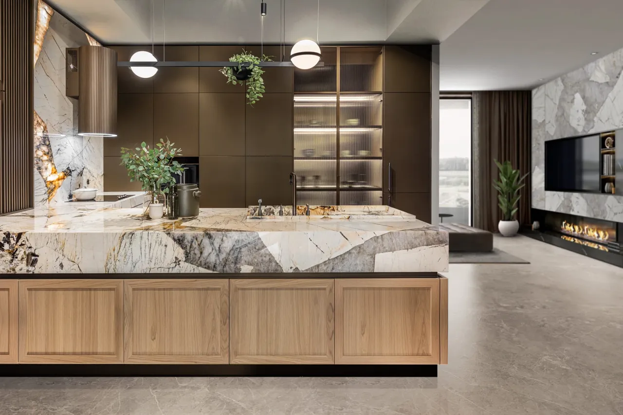 wizualne oddzielenie stref kuchnia salon