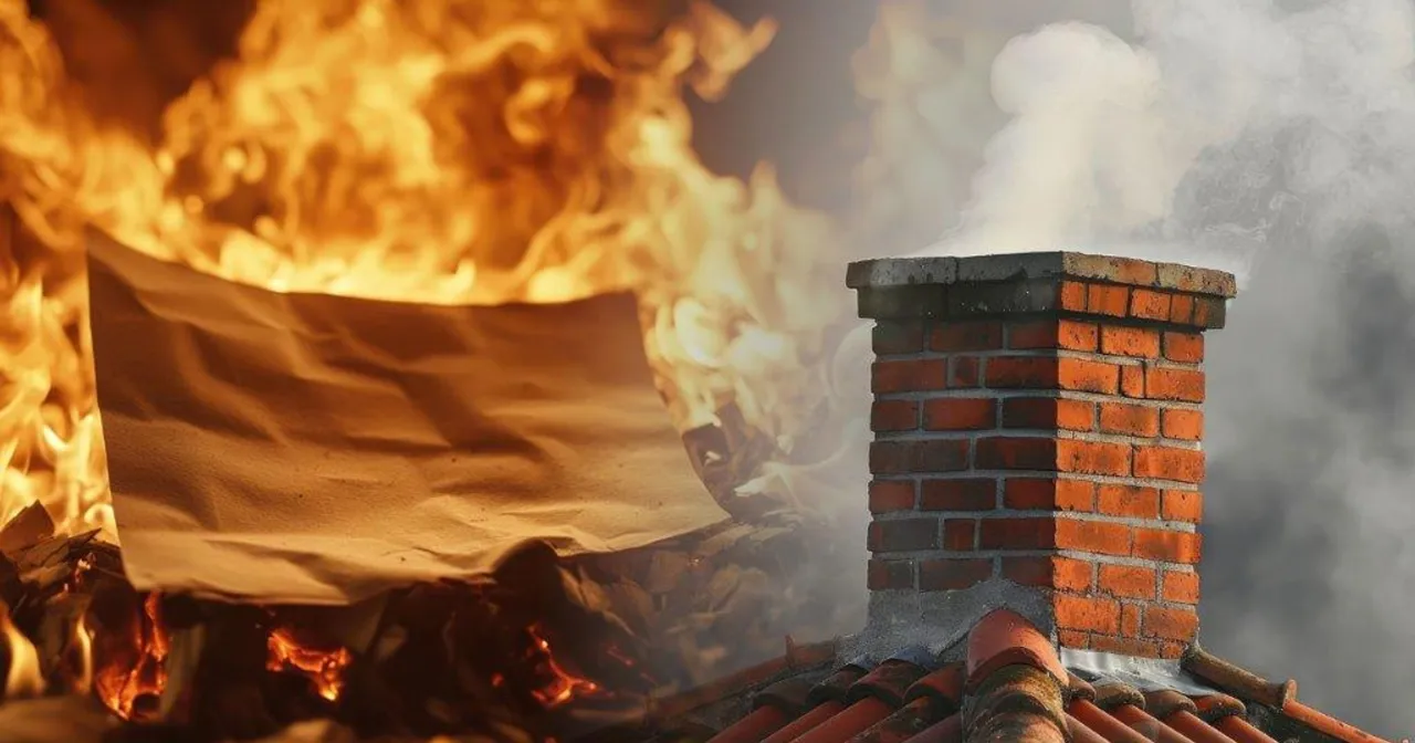 Płonący karton w piecu i dym wydobywający się z komina. Czy można palić kartonami w piecu? To niebezpieczne!