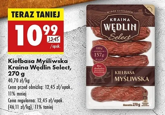 Kiełbasa myśliwska Kraina Wędlin opakowanie i przekr&oacute;j