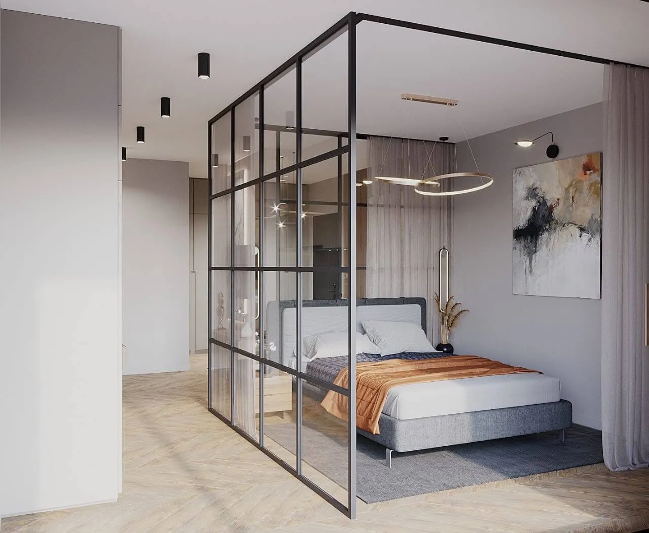 Przeszklona ściana loftowa oddzielająca sypialnię